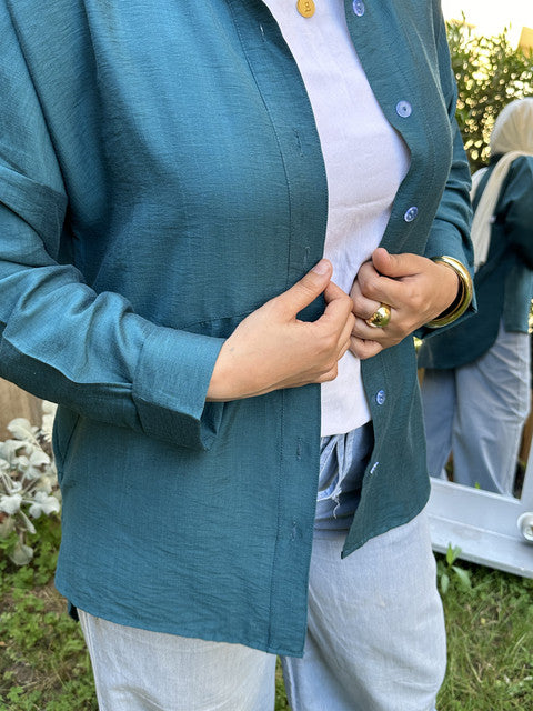 Linen Long Sleeve Shirt – Teal Green