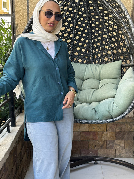 Linen Long Sleeve Shirt – Teal Green