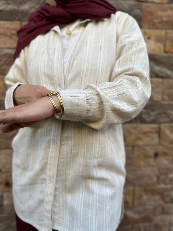 Linen Striped Embroidered Shirt – Beige