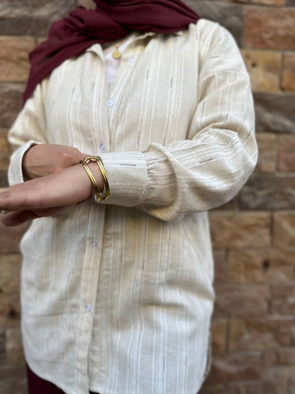 Linen Striped Embroidered Shirt – Beige