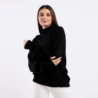 Wool Oversized Pullover Top - Black