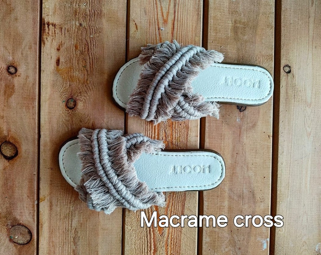Macrame Boho Cross Slippers - Beige