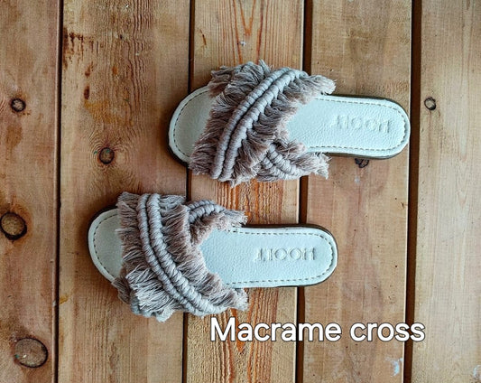 Macrame Boho Cross Slippers - Beige