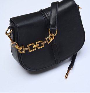 Faux Leather Saddle Crossbody Bag with Gold Chain Detail – Black
