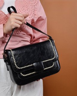 Faux Leather Embellished Shoulder Bag – Black