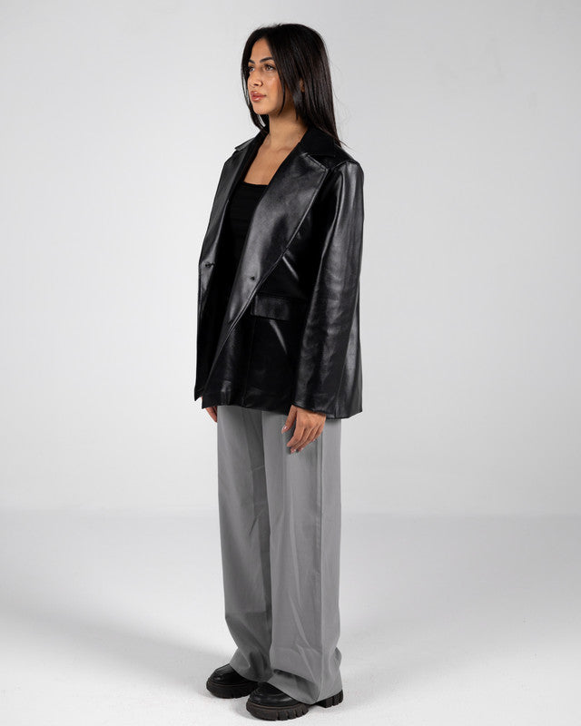 Faux Leather Solid Blazer – Black