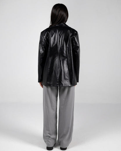 Faux Leather Solid Blazer – Black