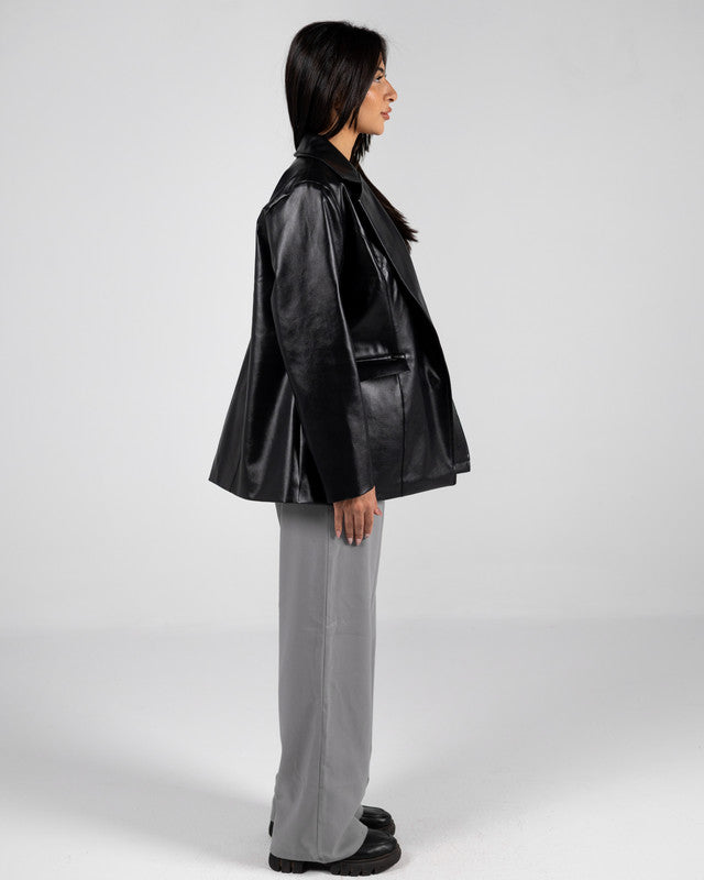 Faux Leather Solid Blazer – Black