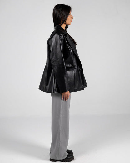 Faux Leather Solid Blazer – Black