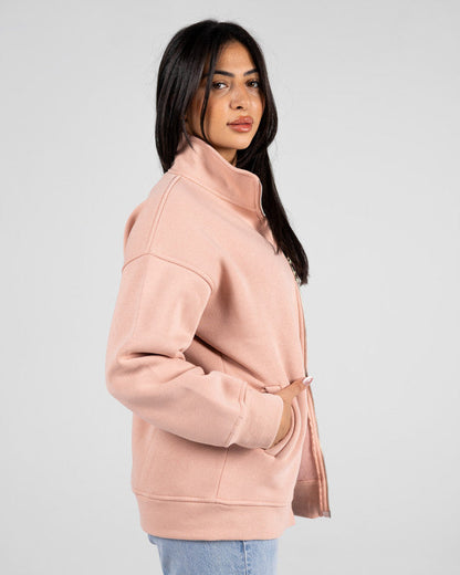 Cotton Solid Zip Sweatshirt – Beige Pink