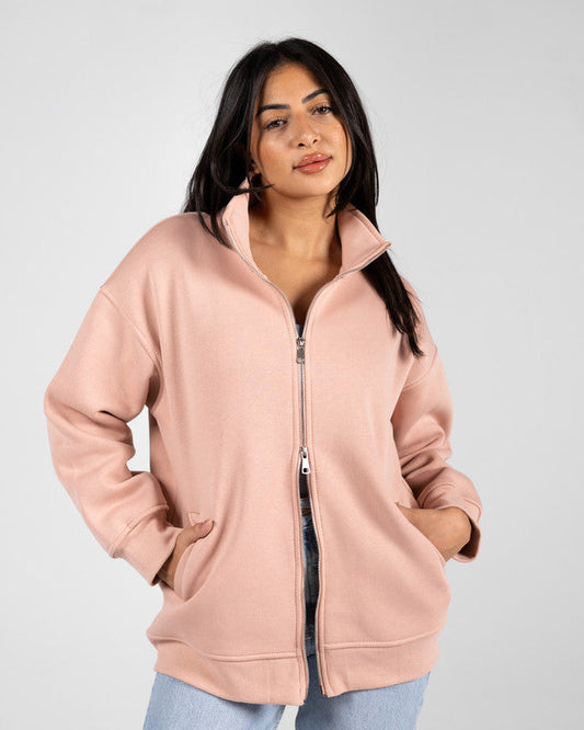Cotton Solid Zip Sweatshirt – Beige Pink