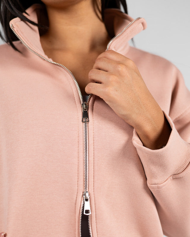 Cotton Solid Zip Sweatshirt – Beige Pink