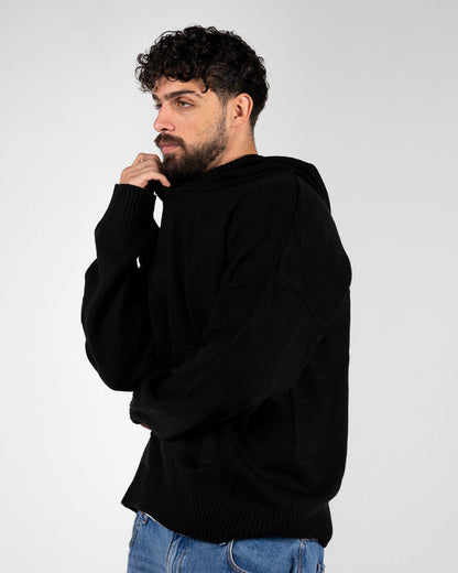 Cotton Knitted Tricot Oversized Hoodie – Black