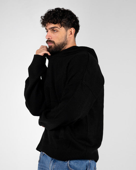 Cotton Knitted Tricot Oversized Hoodie – Black