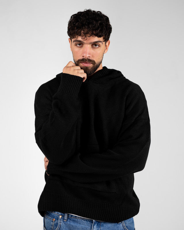 Cotton Knitted Tricot Oversized Hoodie – Black