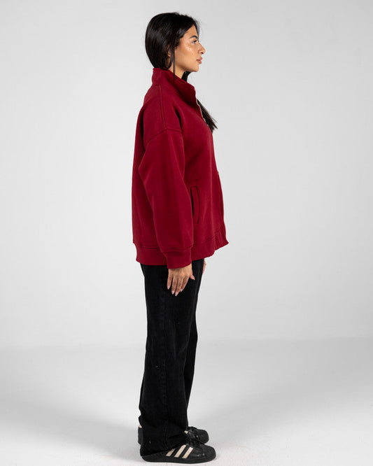 Cotton Solid Zip Sweatshirt – Burgundy