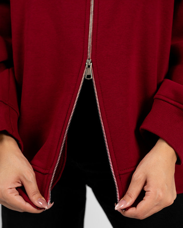 Cotton Solid Zip Sweatshirt – Burgundy
