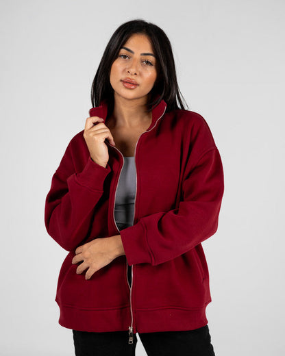 Cotton Solid Zip Sweatshirt – Burgundy