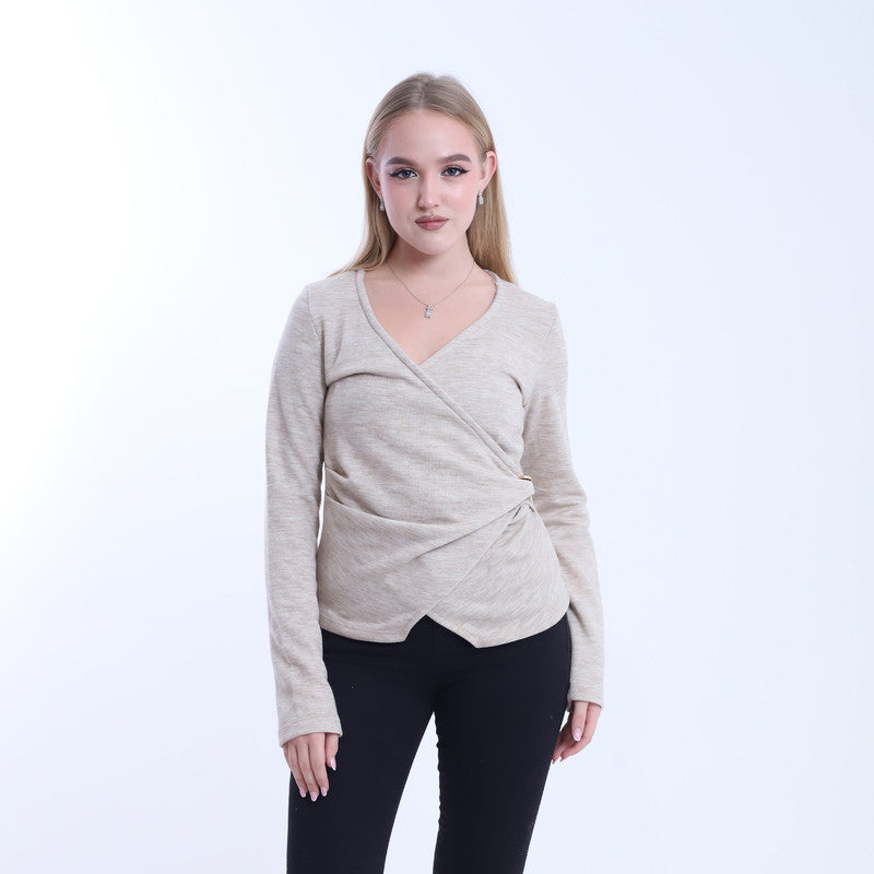 Soft Wool Solid Cross-Body Blouse – Beige