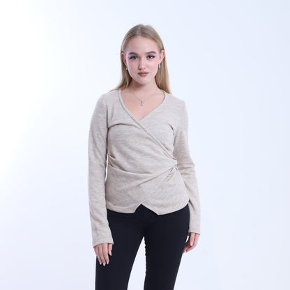 Soft Wool Solid Cross-Body Blouse – Beige