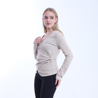 Soft Wool Solid Cross-Body Blouse – Beige