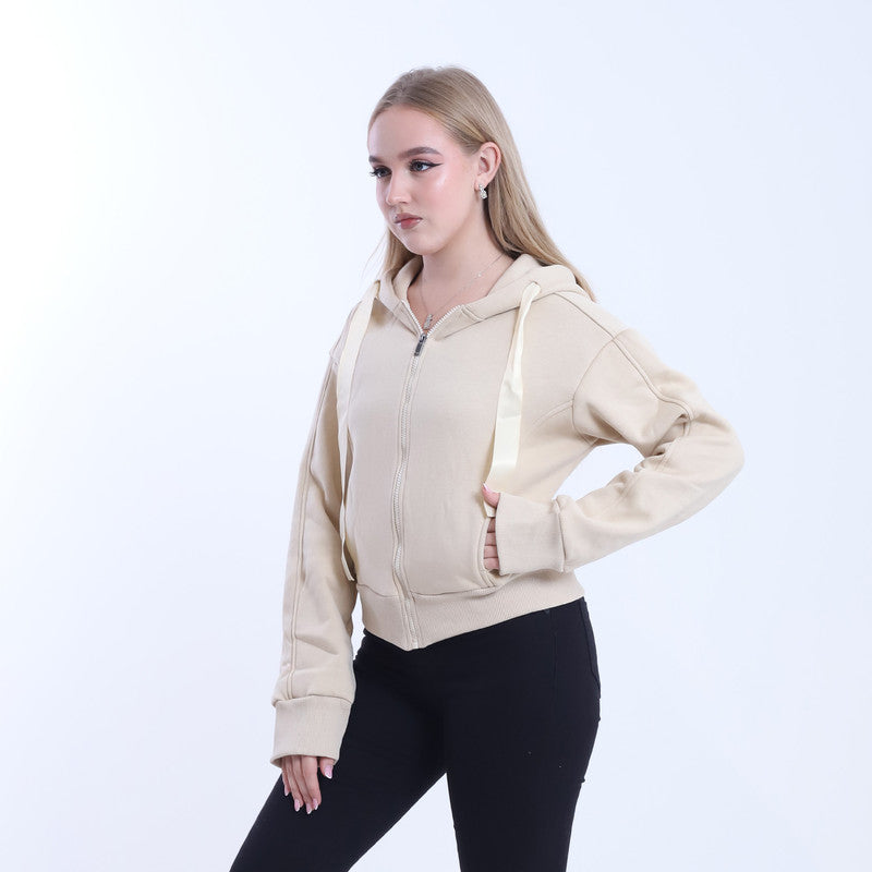 Melton Solid Zip-Up Hoodie – Beige