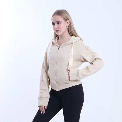 Melton Solid Zip-Up Hoodie – Beige