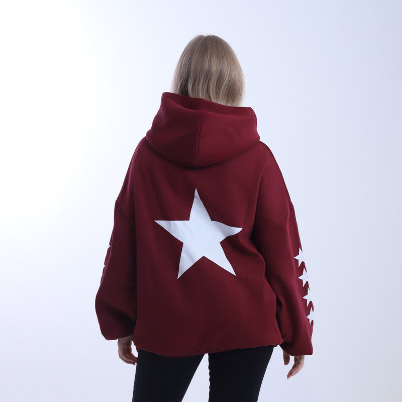 Melton Star-Pattern Hoodie – Burgundy