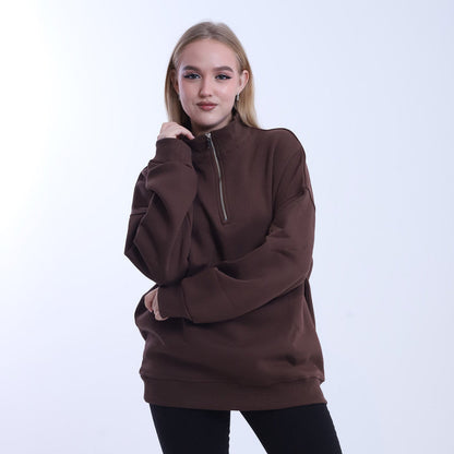 Melton Solid Half-Zip Sweatshirt – Brown
