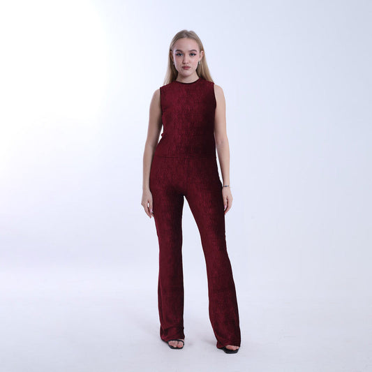 Velvet Textured Flare Co-ord Set – Burgundy