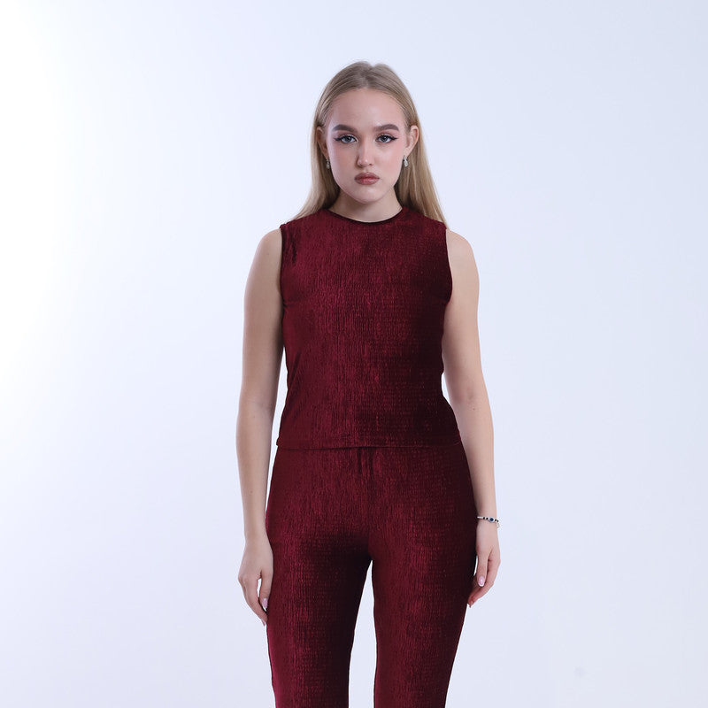 Velvet Textured Flare Co-ord Set – Burgundy