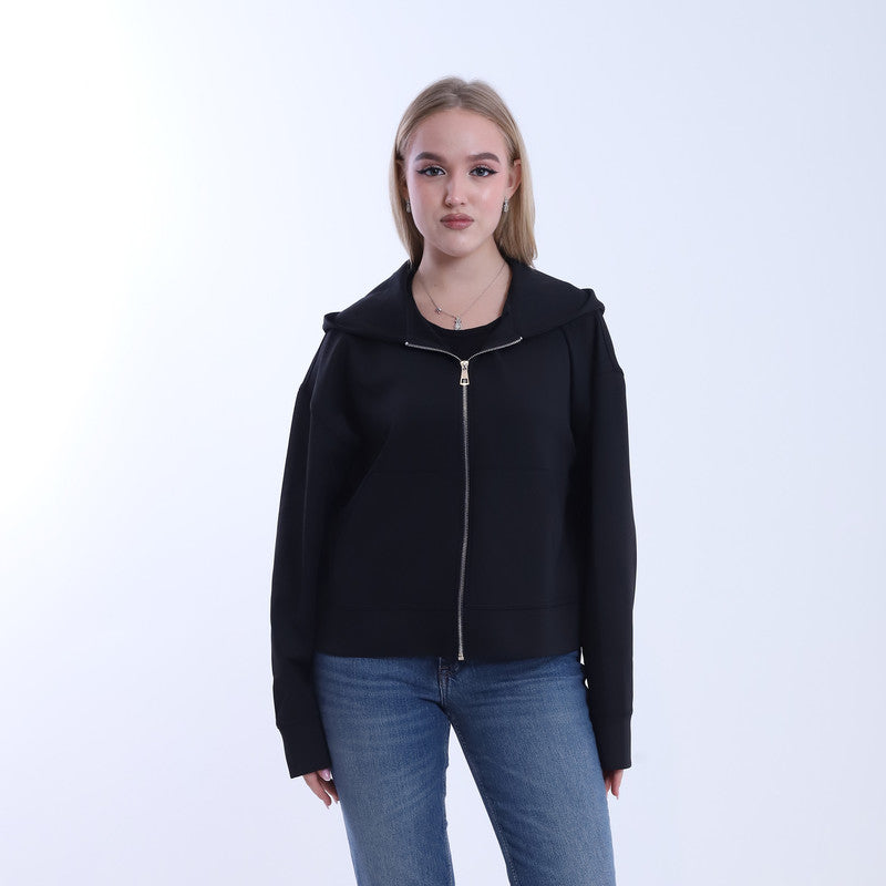 Melton Solid Oversized Zip-Up Hoodie – Black