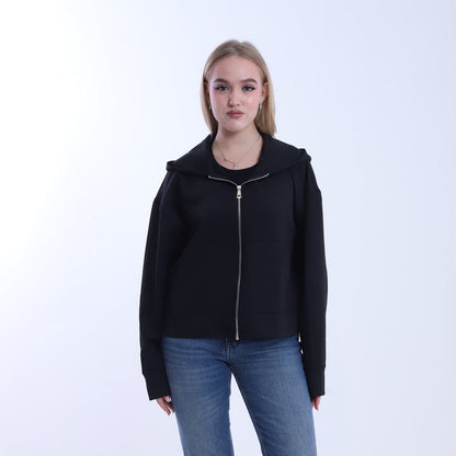 Melton Solid Oversized Zip-Up Hoodie – Black