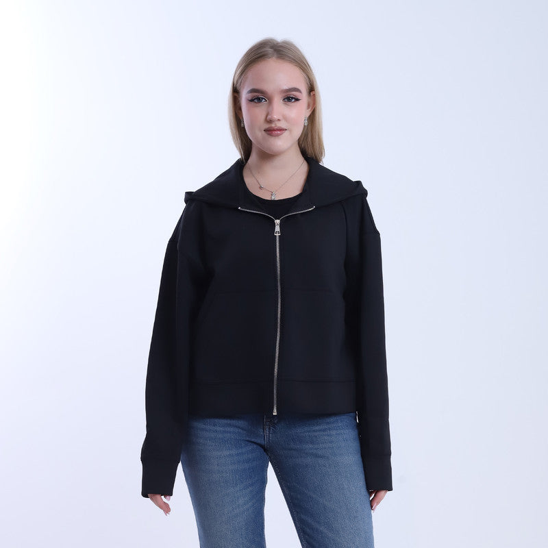 Melton Solid Oversized Zip-Up Hoodie – Black