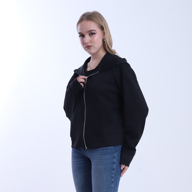 Melton Solid Oversized Zip-Up Hoodie – Black