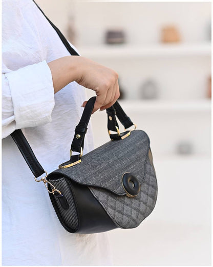 Faux Leather & Textured Fabric Pattern Flap Shoulder Bag – Black