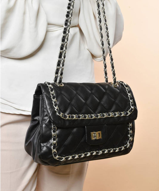 Faux Leather Quilted Chain Flap Shoulder Bag – Black