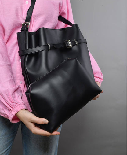 Leather Bucket Shoulder Bag – Black