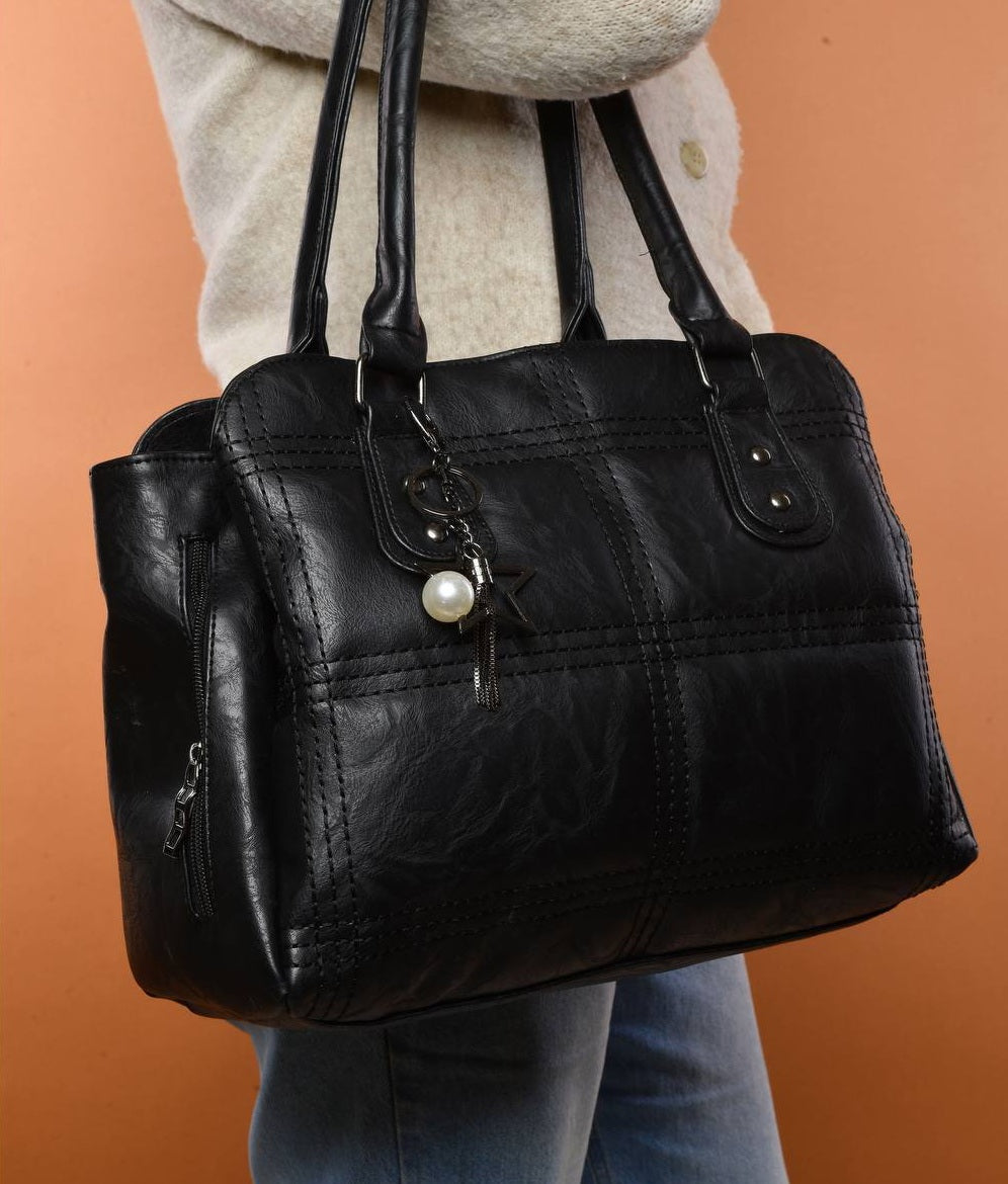 Faux Leather Quilted Panel Tote Shoulder Bag – Black