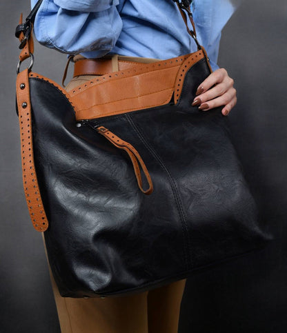 Faux Leather Studded Hobo Shoulder Bag – Black