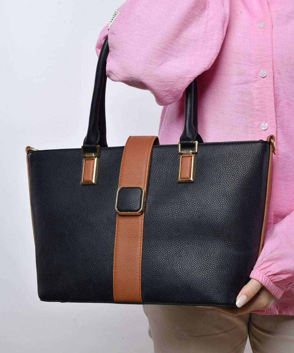 Leather Contrast Strap Structured Tote Handbag – Black & Brown