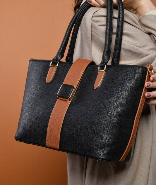 Leather Contrast Strap Structured Tote Handbag – Black & Brown