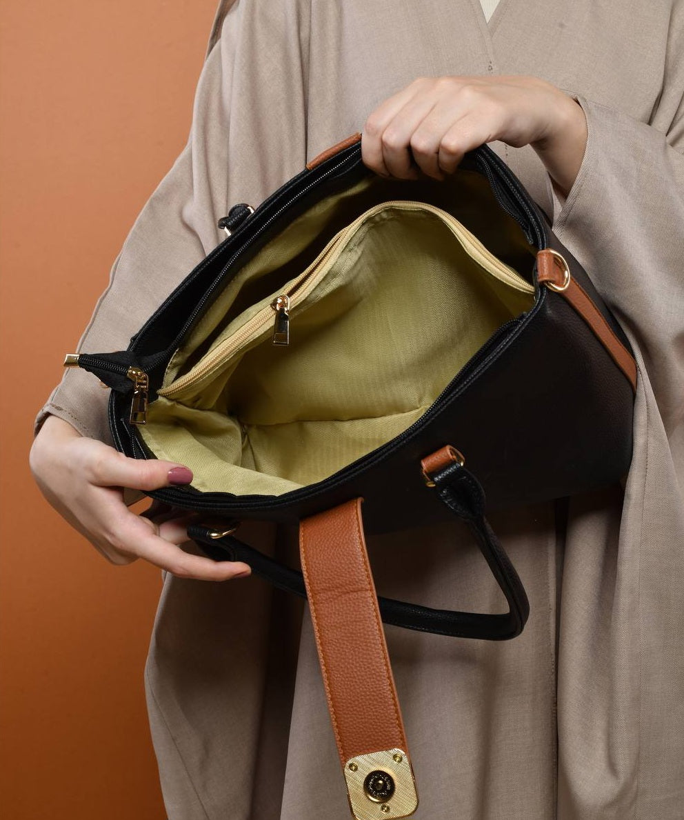 Leather Contrast Strap Structured Tote Handbag – Black & Brown