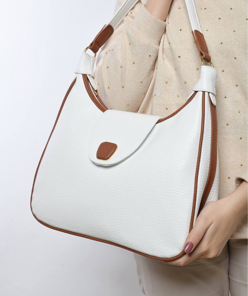 Leather Contrast Trim Shoulder Bag – White & Brown