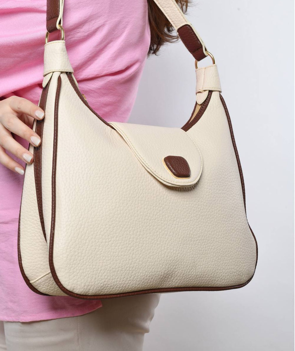 Leather Contrast Trim Shoulder Bag – Beige & Brown