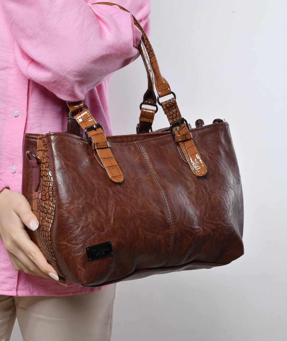 Leather Textured Glossy Accent Handbag – Brown