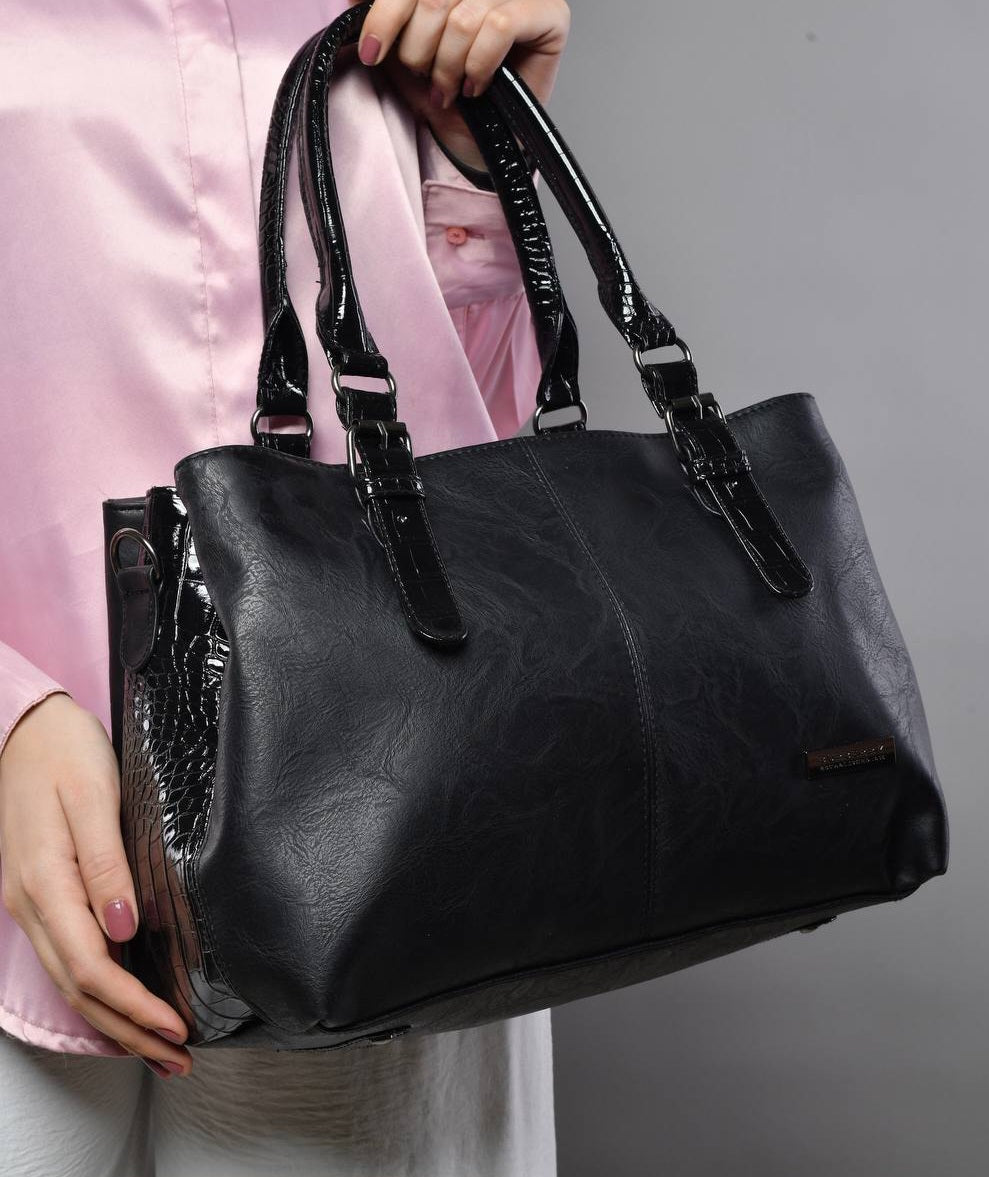 Leather Textured Glossy Accent Handbag – Black