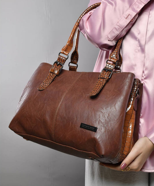 Leather Textured Glossy Accent Handbag – Brown