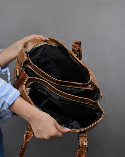 Leather Textured Glossy Accent Handbag – Brown