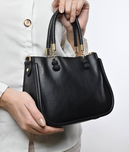 Leather Solid Curved Top-Handle Handbag – Black